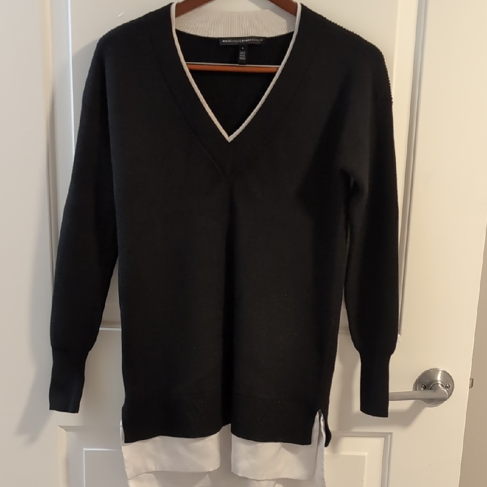 White House Black Market Black V-Neck Sweater with White Trim